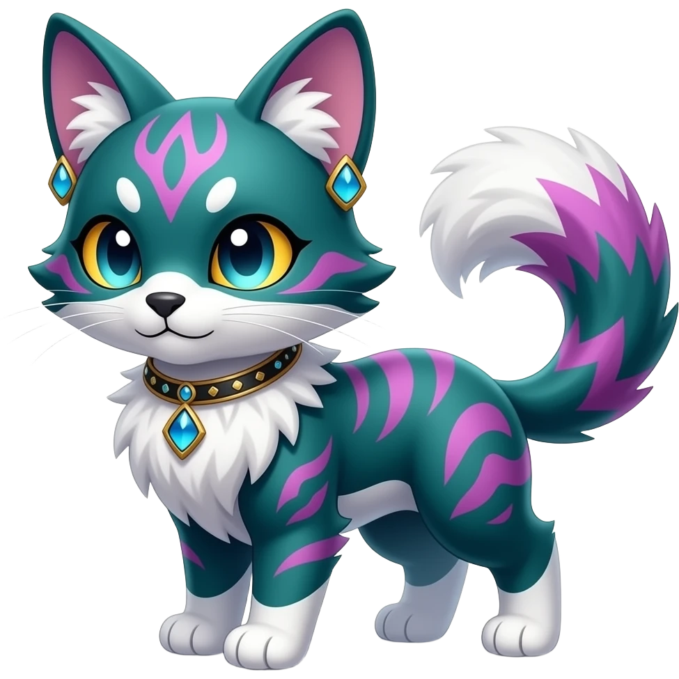 Kawaii cute colorful iridescent dark-turquoise-green and magenta and white beautiful pretty elegant divine edgy feline-vernid-sergal-Fakémon-Pokémon-fursona-animal-creature with accessories, full body, with intricate detailed markings emoji