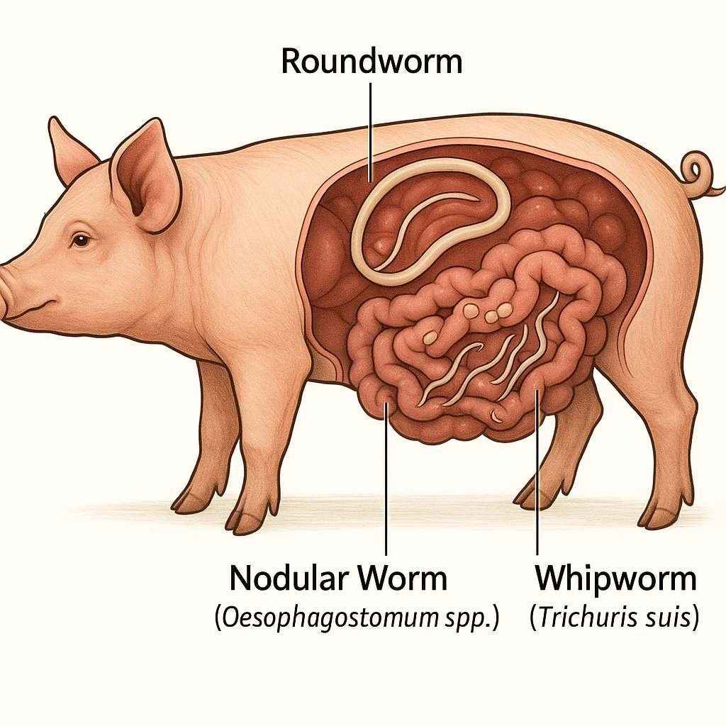 educational illustration anatomical diagram of a pig with intestine full of parasites names of main worms indicated white background 4K quality emoji