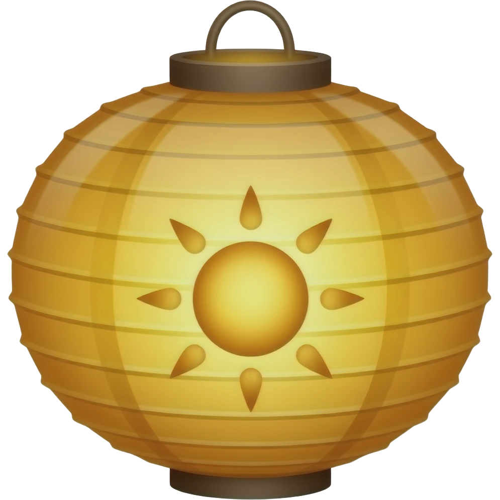 "Emoji de lanterna flutuante dourada inspirada em Rapunzel, feita de papel com brilho quente interno, símbolo de sol no centro, estilo simples, fofo e mágico, com contornos suaves e fundo transparente." emoji