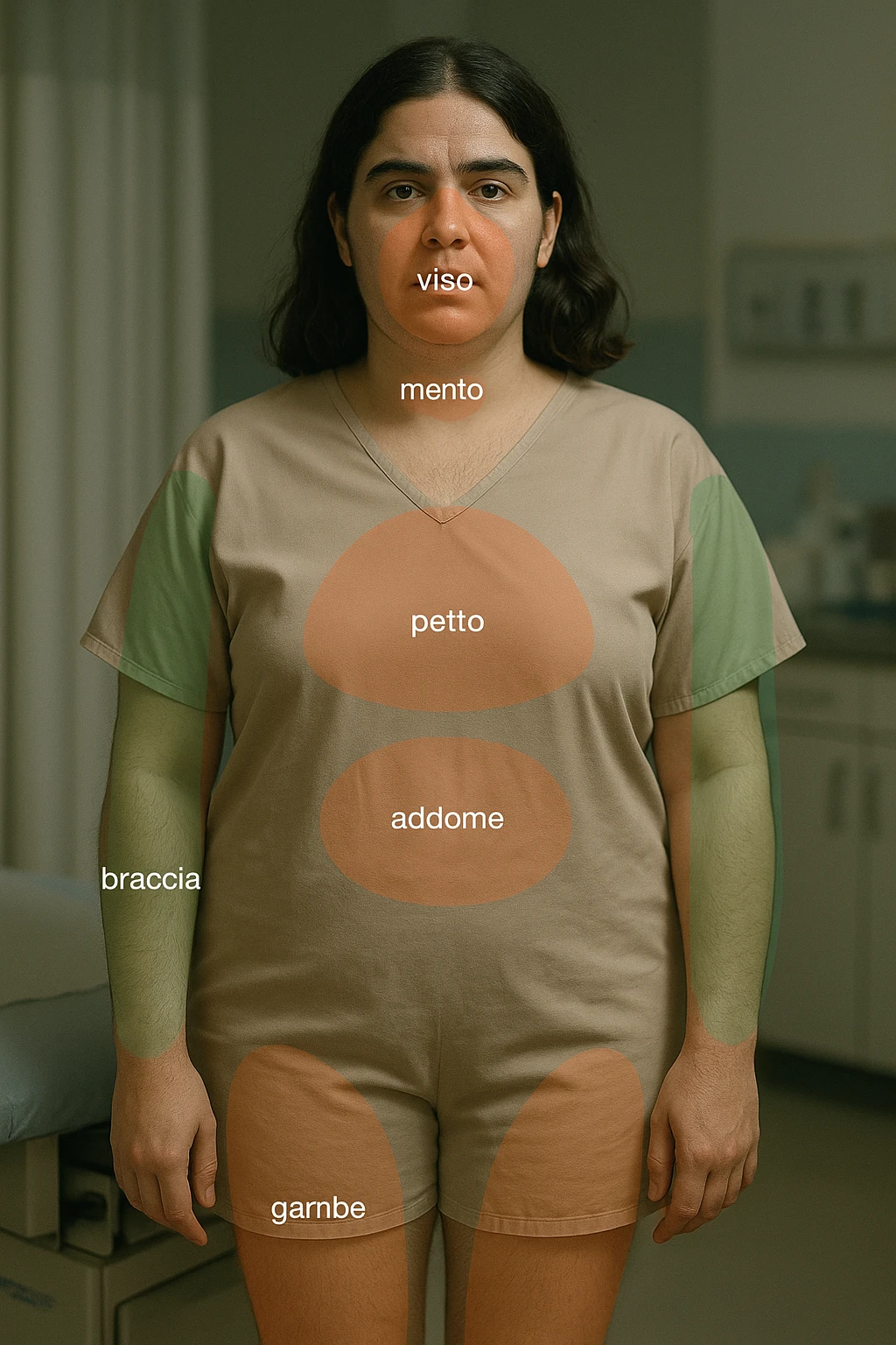 Realistic and cinematic vertical image of a woman with PCOS. Highlight with colors or transparencies the areas most affected by excess hair (face, chin, chest, abdomen, arms, legs). Clinical atmosphere with captions in Italian. Aspect ratio 2:3. emoji