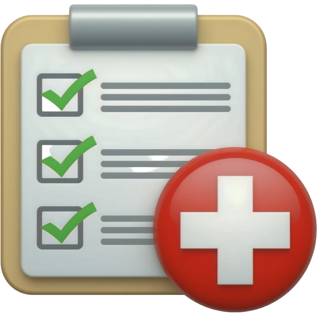 Clipboard with checkmarks and medical sign emoji