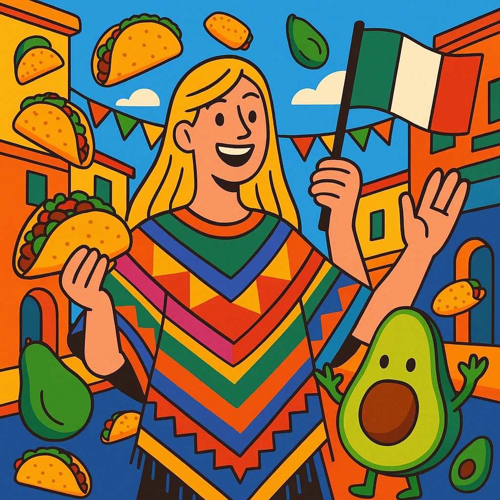 cartoon of a tall blonde woman smiling wearing a colorful poncho holding a taco and an avocado waving a Mexico flag surrounded by tacos and avocados on a lively street background with bright and bold colors emoji