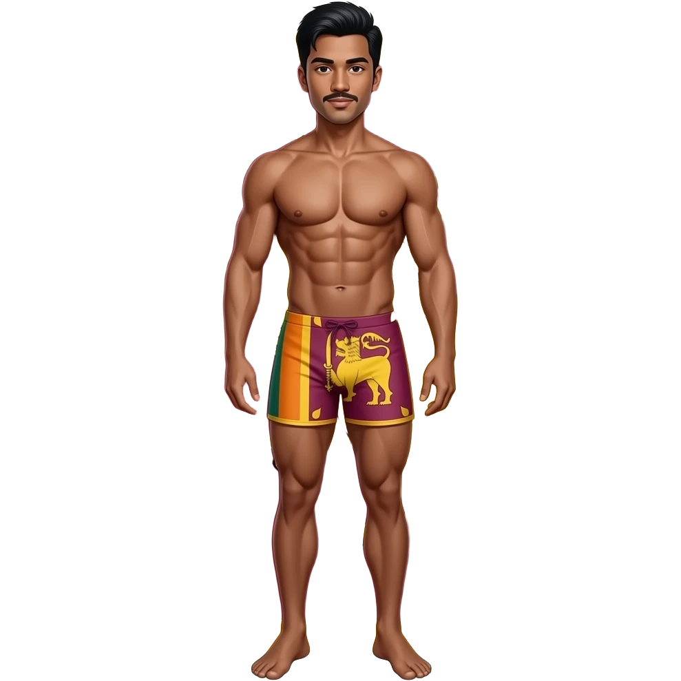 full whole complete (head-to-toe) body sri lankan young male standing with muscular build in thong with sri lanka flag theme emoji