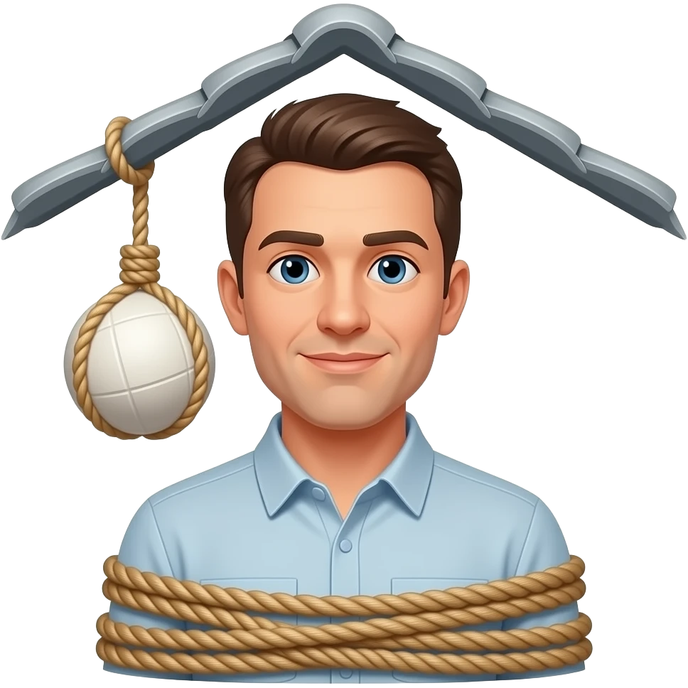 Man hogtied ball gaged hanging from roof rope tied emoji