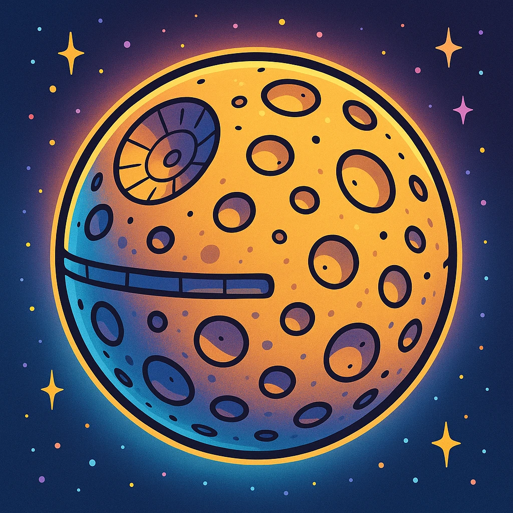 cartoonish Star Wars moon with craters and a faint Death Star trench, glowing softly, vibrant and playful emoji