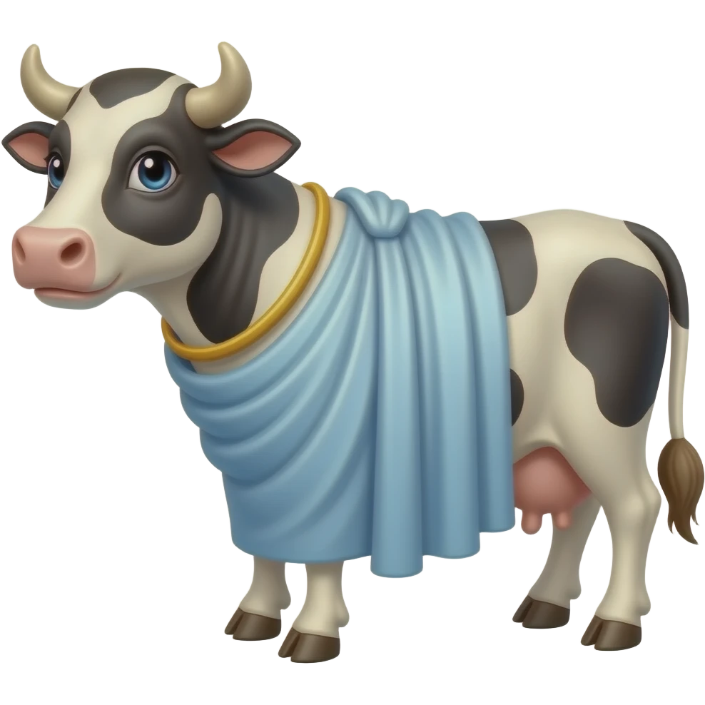 Cow in a toga with a glowing head and a halo emoji