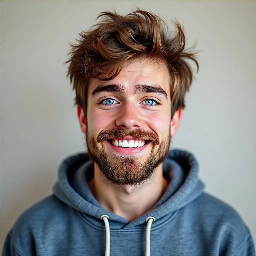 20 year old man, short scruffy beard and thin moustache, brown puffy mullet, blue eyes, big smile, white teeth, big lips, pronounced jaw, hair longer in back, sticking up on top, thin face, grey hooded sweatshirt, blue eyes emoji