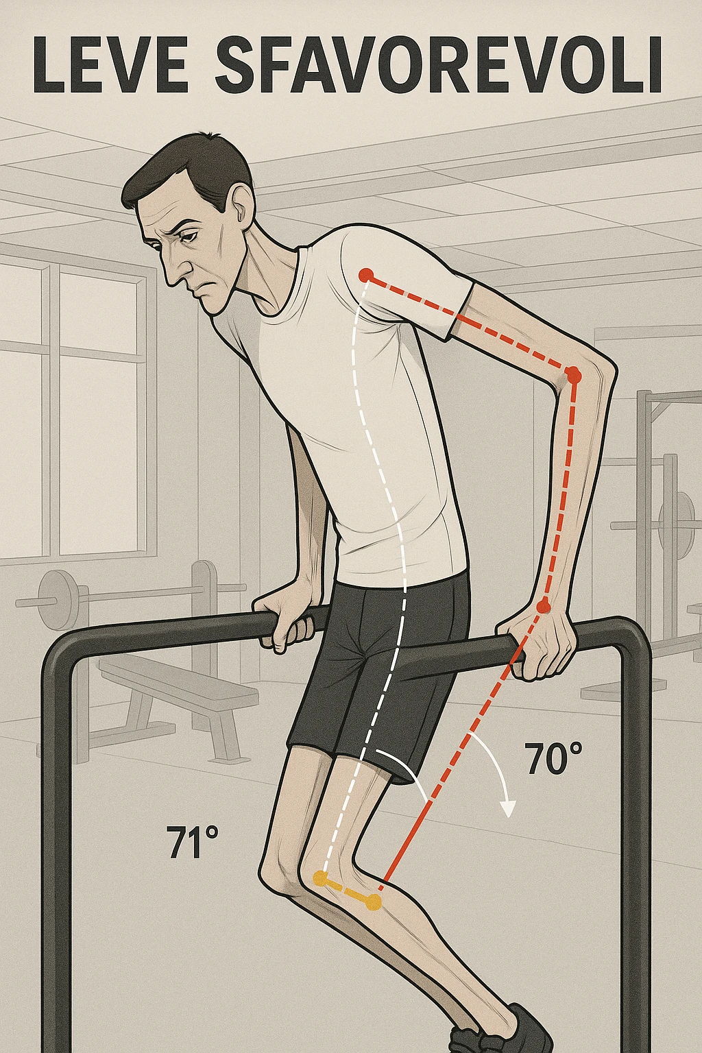 a tall, lean man with very long arms and a short torso attempts a dip on parallel bars. His elbows are deeply bent and his body appears awkwardly positioned, highlighting the mechanical disadvantage. An overlay shows anatomical lines and angles, with labels explaining “Leve Sfavorevoli” The background is a modern gym, with a focus on biomechanics. in italiano emoji