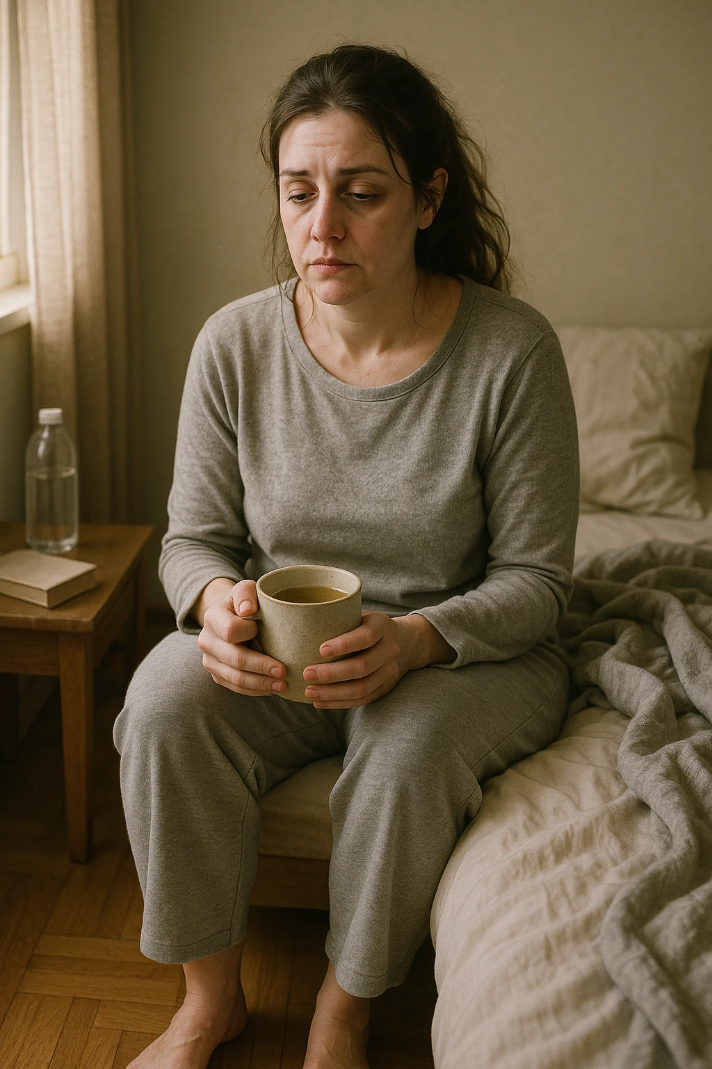 A realistic, cinematic illustration of a woman in her early 30s with a tired, pale appearance, sitting on the edge of her bed in a softly lit bedroom during the morning, looking exhausted and drained. Her posture is slightly slouched, and dark circles are visible under her eyes. She wears comfortable loungewear, holding a warm cup of herbal tea in her hands, seeking comfort. The scene includes a cozy yet slightly messy room with a blanket, a water bottle, and a book on the nightstand, emphasizing chronic fatigue. Soft natural light comes through the window, highlighting her expression of persistent tiredness despite rest, capturing the invisible struggle of chronic fatigue syndrome while maintaining dignity and a gentle aesthetic. emoji