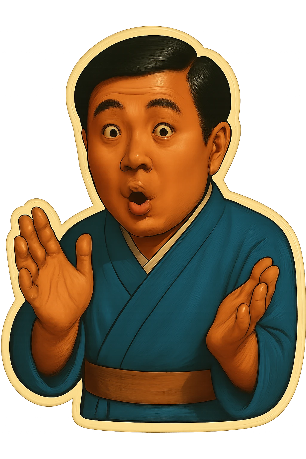 The same Japanese man in traditional kimono looks at the viewer with a surprised look, and his hands are empty emoji