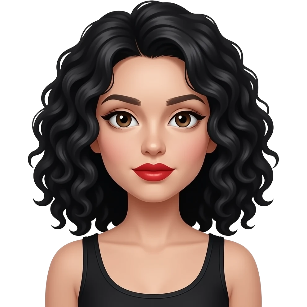 White chic with dark brown eyes with black curly lob wearing a black singlet and bright red lipstick on her incredibly wafer-thin like lips emoji