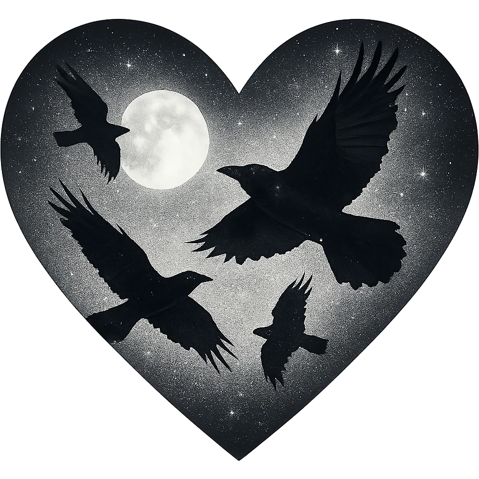  heart with white night sky and dark ravens, remove background emoji
