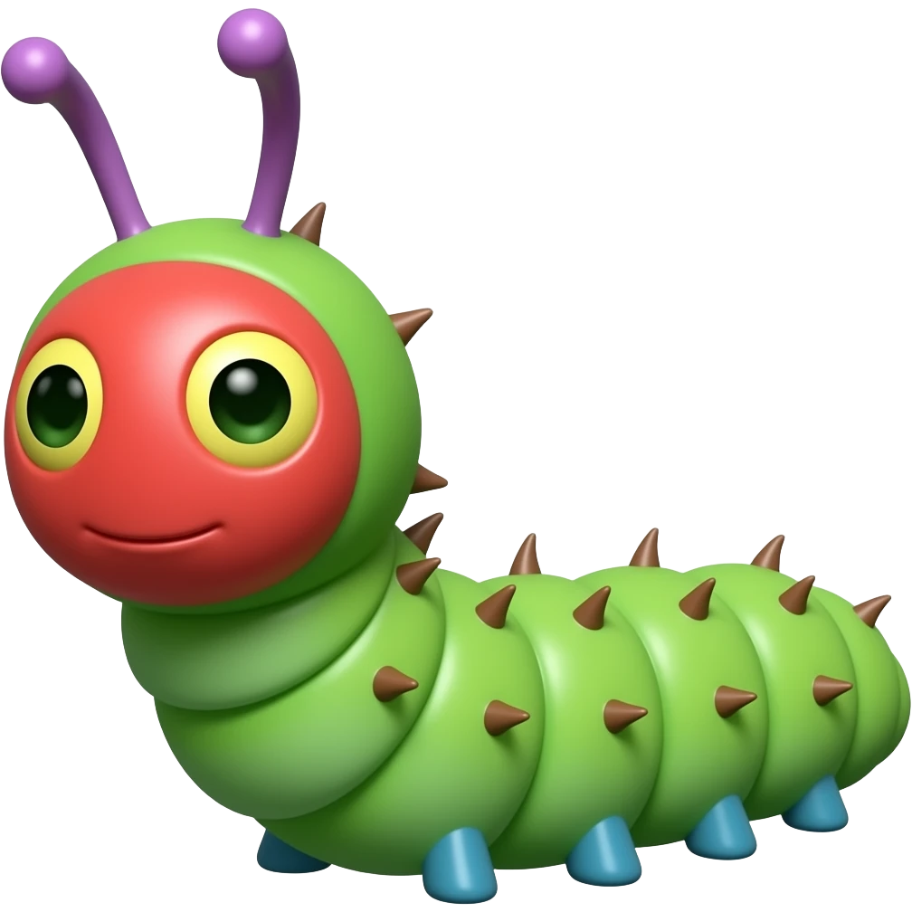 a small, bright green larva with a round red face, two yellow-and-green eyes, and purple antennae. Its segmented body features a row of tiny brown tufts along its back and is supported by several sets of small blue legs. emoji