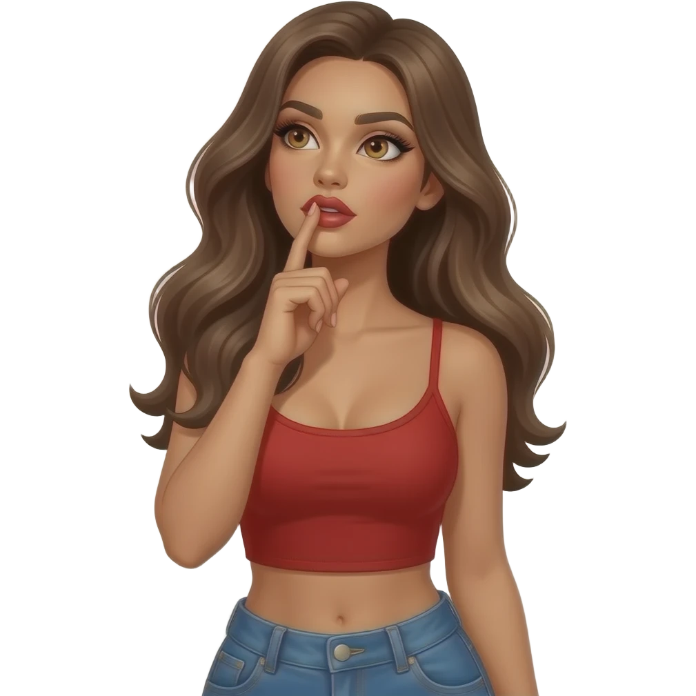 Fingers on lips and thinking looking up woman with tan glowy skin, hazel eyes almond with long lashes,, full lips, dark blonde flowing hair, delicate feminine sexy features, wearing a red crop top and blue low waist jeans, confident and femenine and glam makeup. Intense seductive look. emoji
