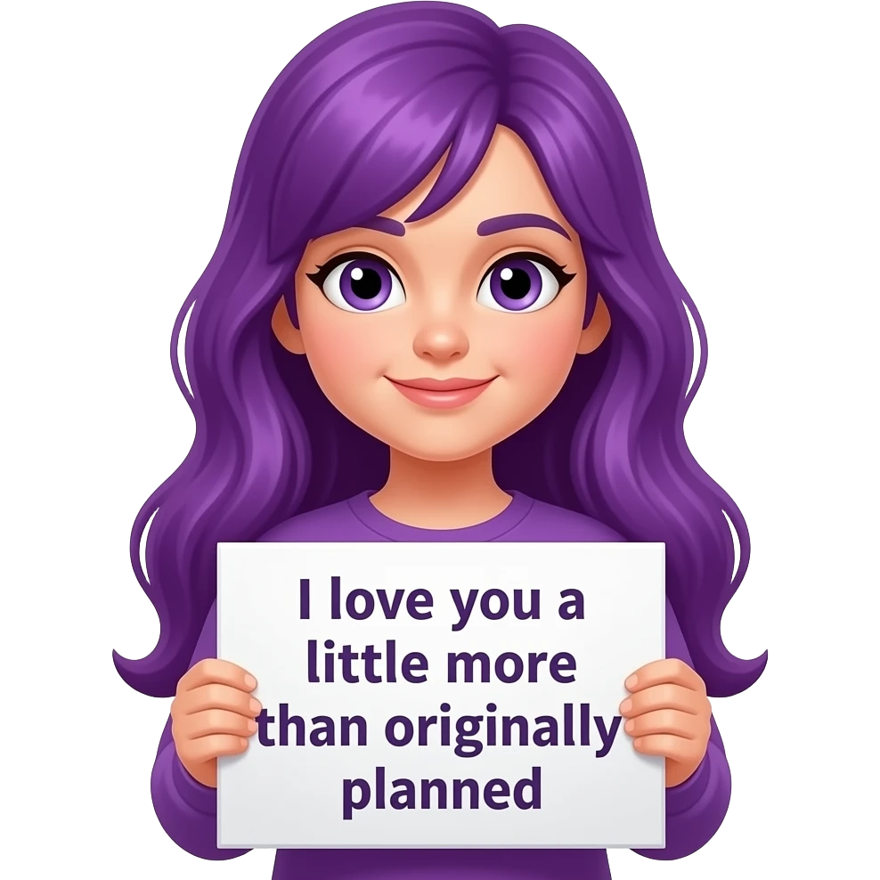 girl with long purple hair holding a ICH MAG DICH ein bisschen mehr als ursprünglich GEPLANT sign emoji