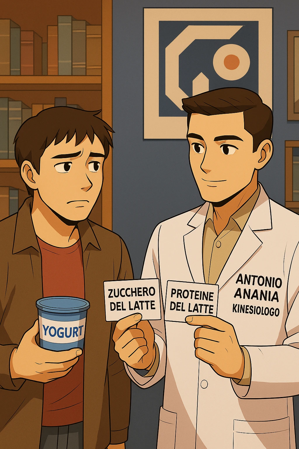 fai un webtoon manga a colori con questo stile, in cui un uomo ASCOLTA Il kinesiologo con il camice bianco (fagli anche la scritta "ANTONIO ANANIA" SUL CAMICE, IL KINESIOLOGO SPIEGA ALL'UOMO UNA COSA TENENDO DUE FOGLIETTINI IN MANO, UNO CON LA SCRITTA "ZUCCHERO DEL LATTE" E UNA CON LA SCRITTA "PROTEINE DEL LATTE". L'UOMO OSSERVA LO YOGURT CHE HA IN MANO CON ESPRESSIONE DUBBIOSA IN VOLTO. non fare i fumetti però, fai solo in modo che sembri stiano parlando emoji