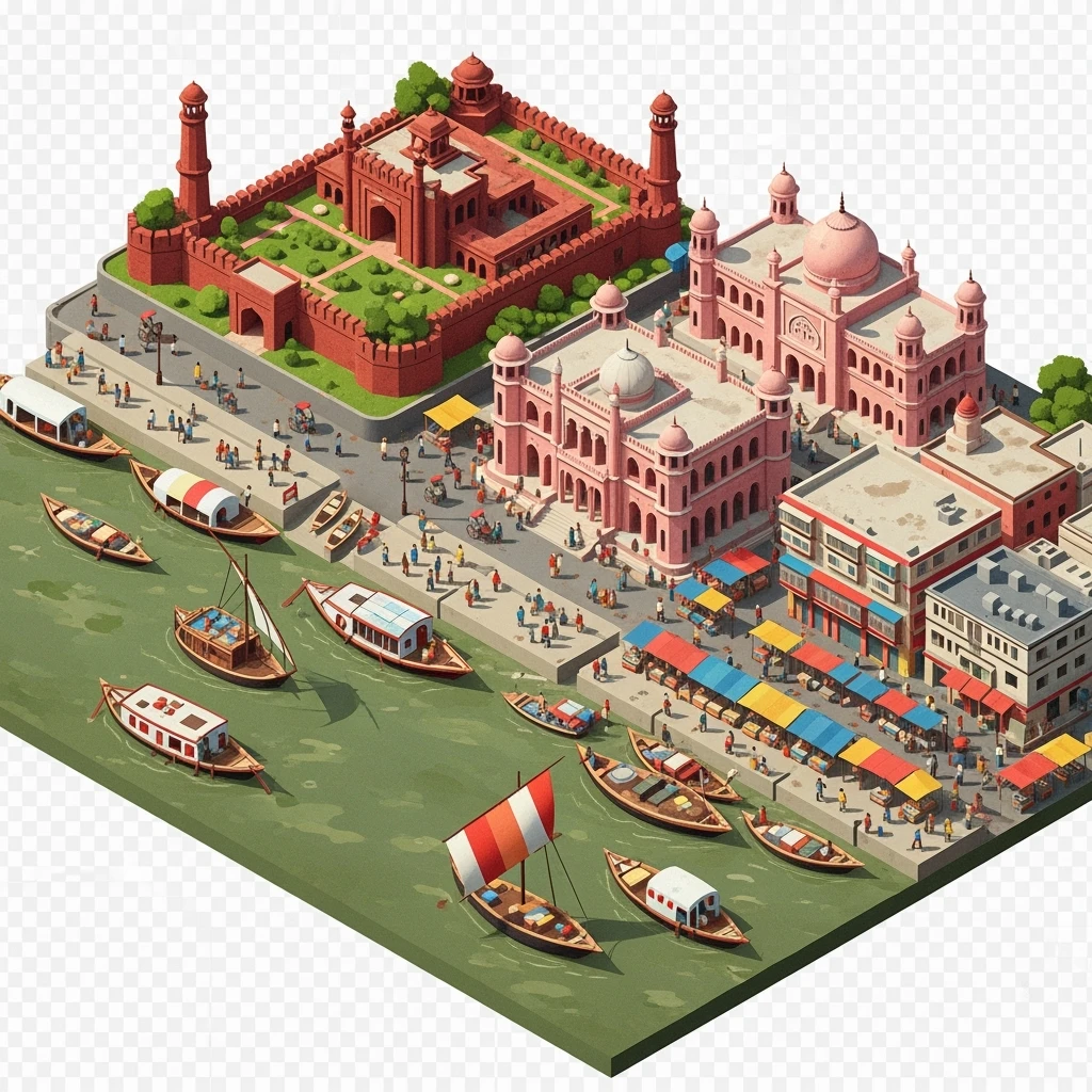 Isometric minimalistic illustration of Dhaka – Lalbagh Fort, Ahsan Manzil, bustling river boats, dirty colorful streets, subtle 3D miniature effect and Tilt Shift effect, no cartoonish look, transparent background. emoji