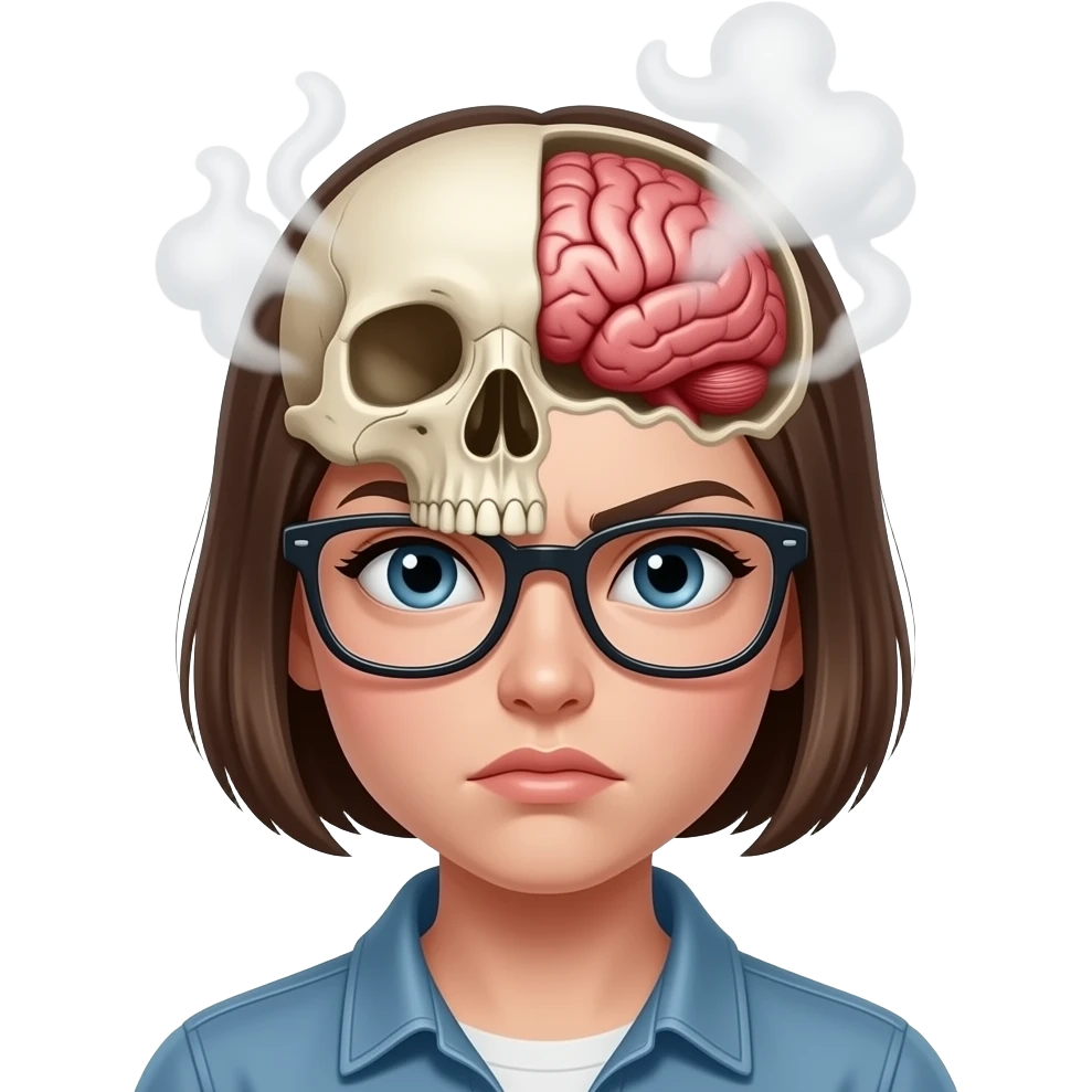 GIRL WITH UPPER HEAD OPEN WITH VISIBLE BRAIN AND STEAM FROM HER HEAD BUT MAKE HER FACE LOOK LIKE SHES HARD WORKING AND ADD GLASESSES emoji