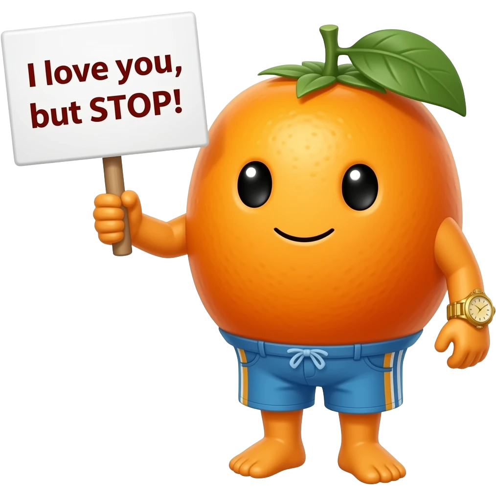 Bay watch kumquat holding sign saying “I love you, but STOP !” emoji