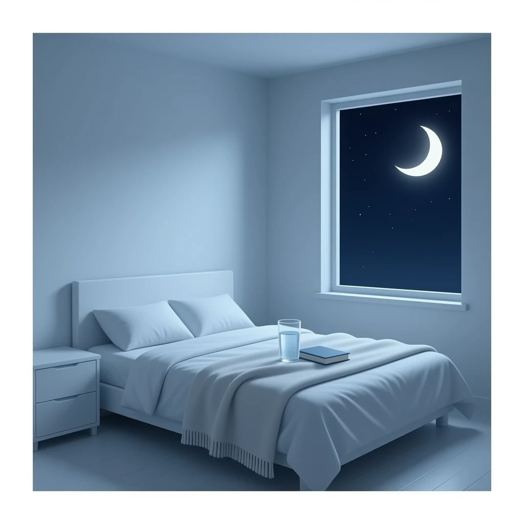A dimly lit white bedroom. The bed is neatly made, and a glass of water sits beside a book on a cozy emoji