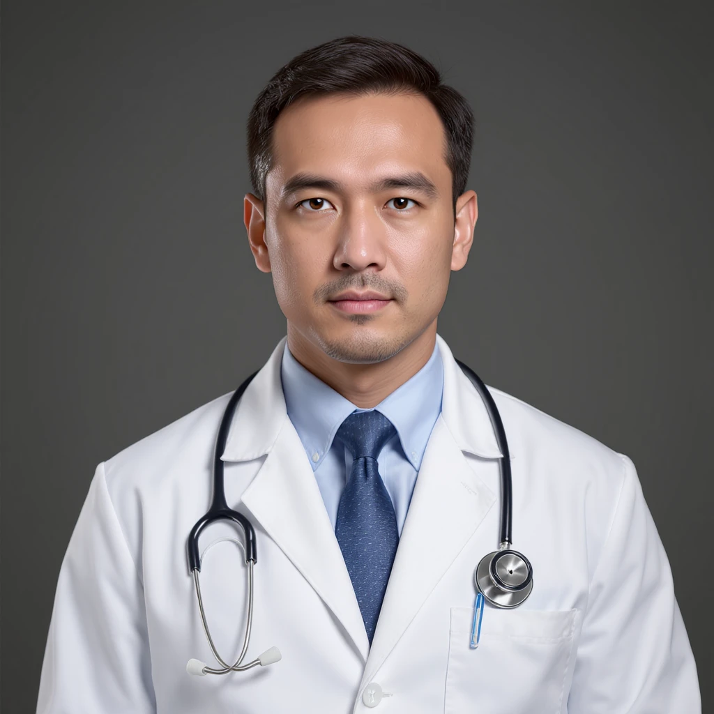 realistic male doctor, serious expression, white coat, stethoscope, neutral background emoji