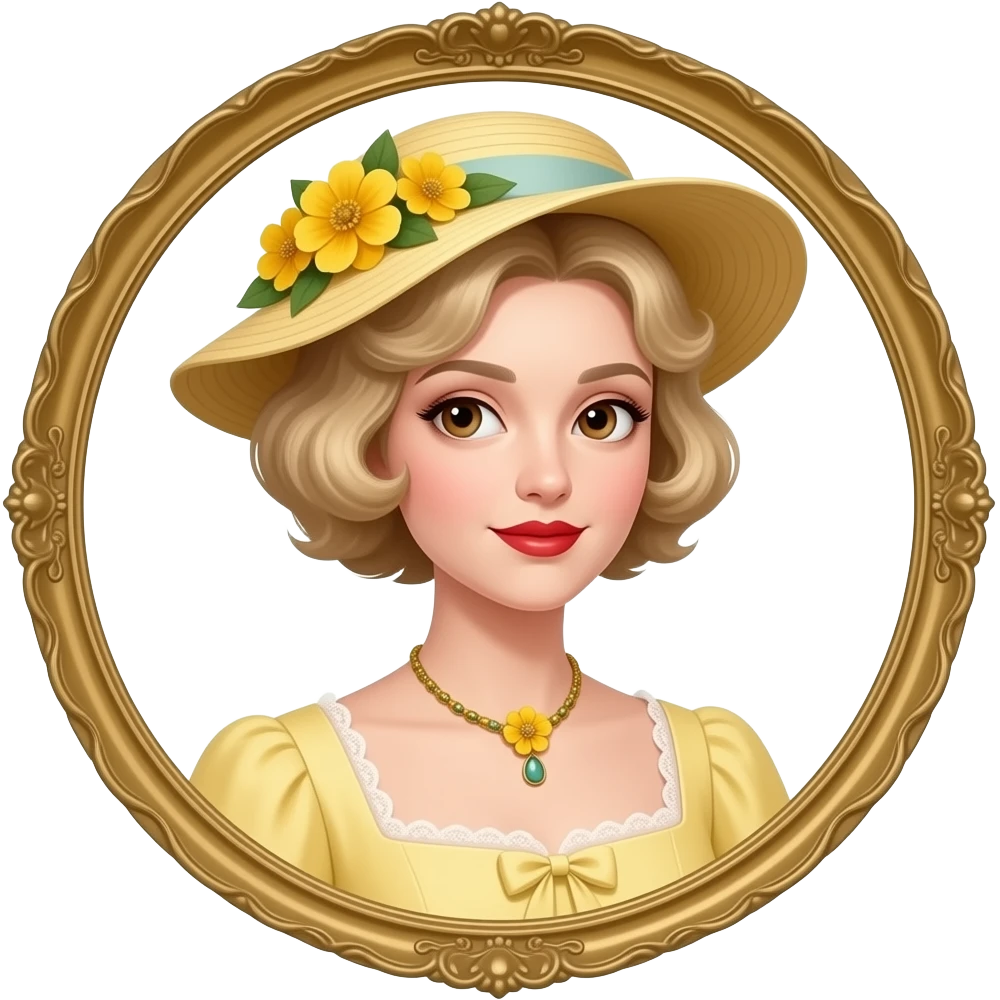 Victorian look with blonde short tight curls bob hair, brown eyes side swept in a light yellow Victorian dress, antique yellow flowers necklace and light yellow Victorian hat with flowers, red lipstick and antique gold frame emoji