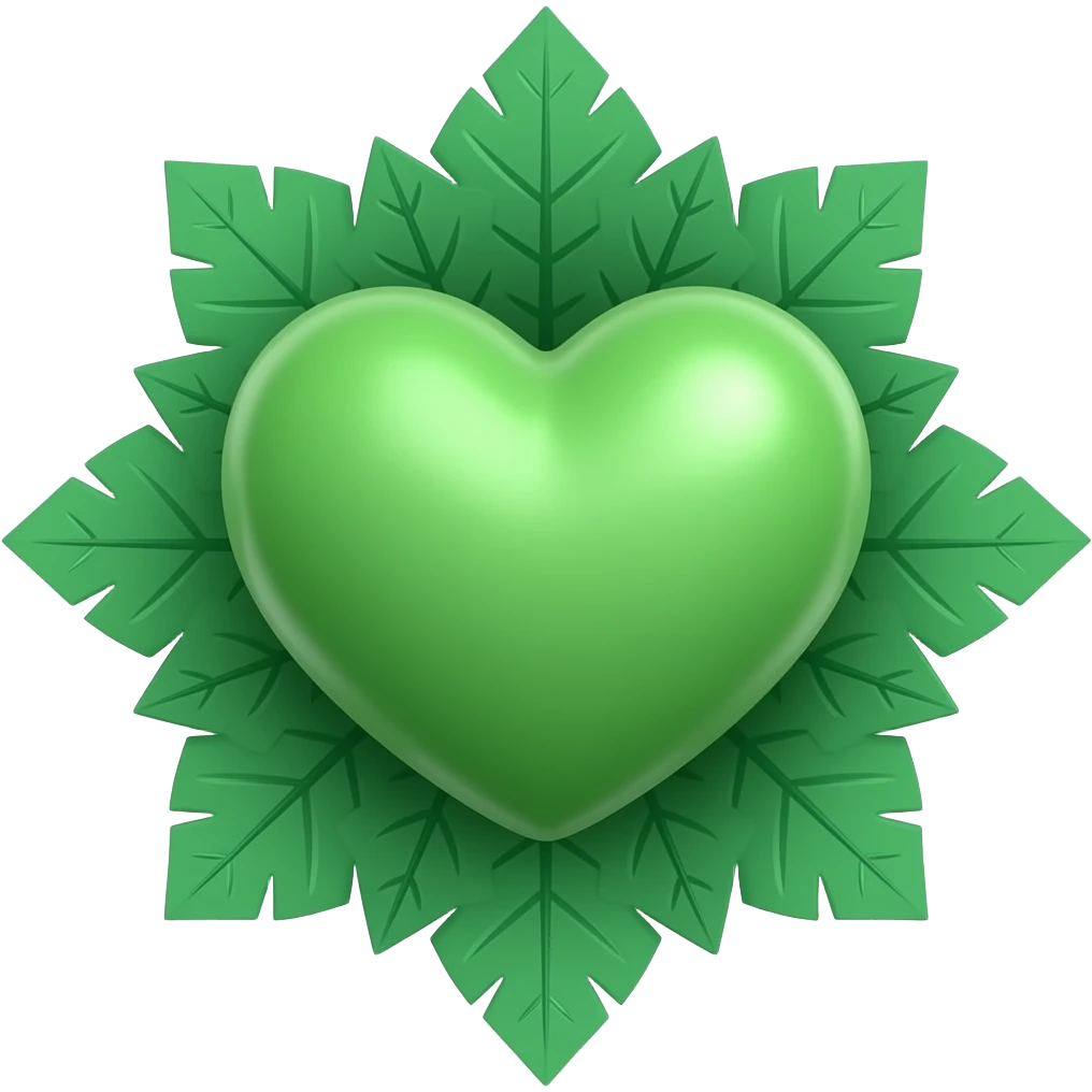 3D green heart surrounded with leaves (The Green Party style leaves), Hex Code colour: 00643b. Add a paler green reflection to the corner of the heart. Make it show success, hope, love, and unity. make sure the background is transparent emoji