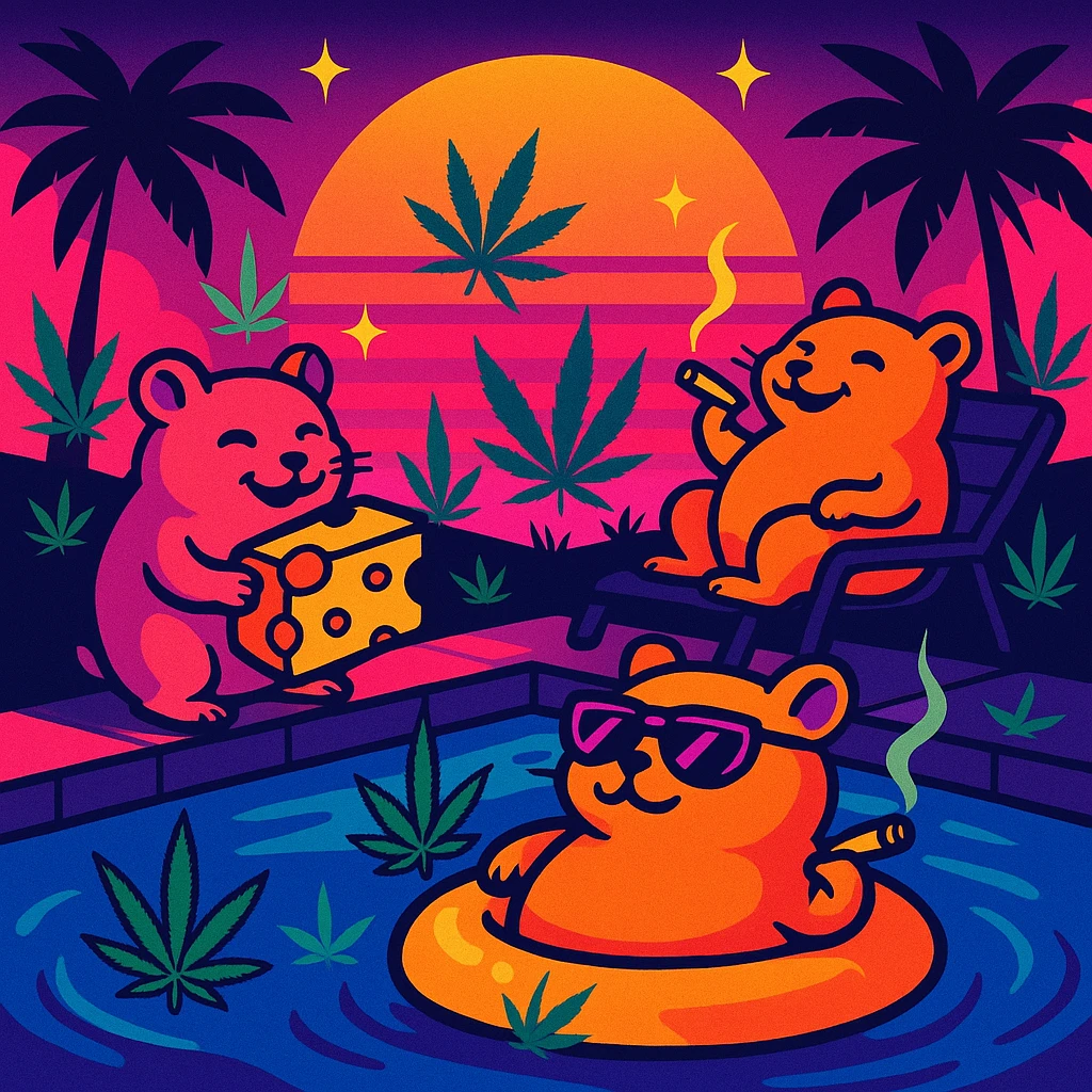 Discord server icon, square format, vibrant pool party at sunset with up to 3 hamsters, weed leaves, cheese, and THC theme, no disco ball, synthwave vaporwave style, bold neon colors, high contrast, dreamy gradients, sparkles, nostalgic, fun, inviting, summer party vibe, clear composition, less cutesy emoji