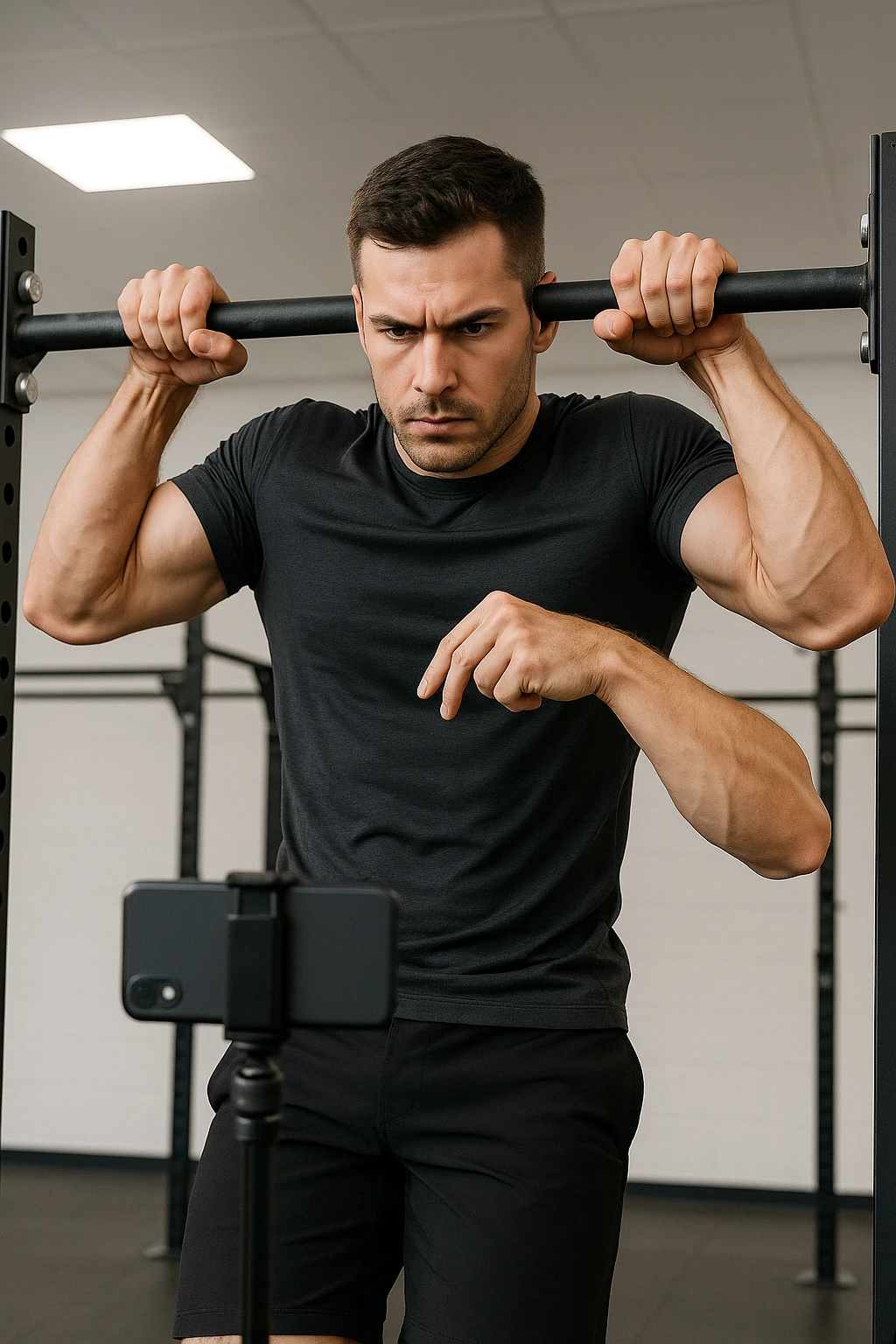 uomo che fa Muscle up e si sta filmando davanti con il telefonino per vedere la sua posizione dei gomiti e delle mani sulla sbarra emoji