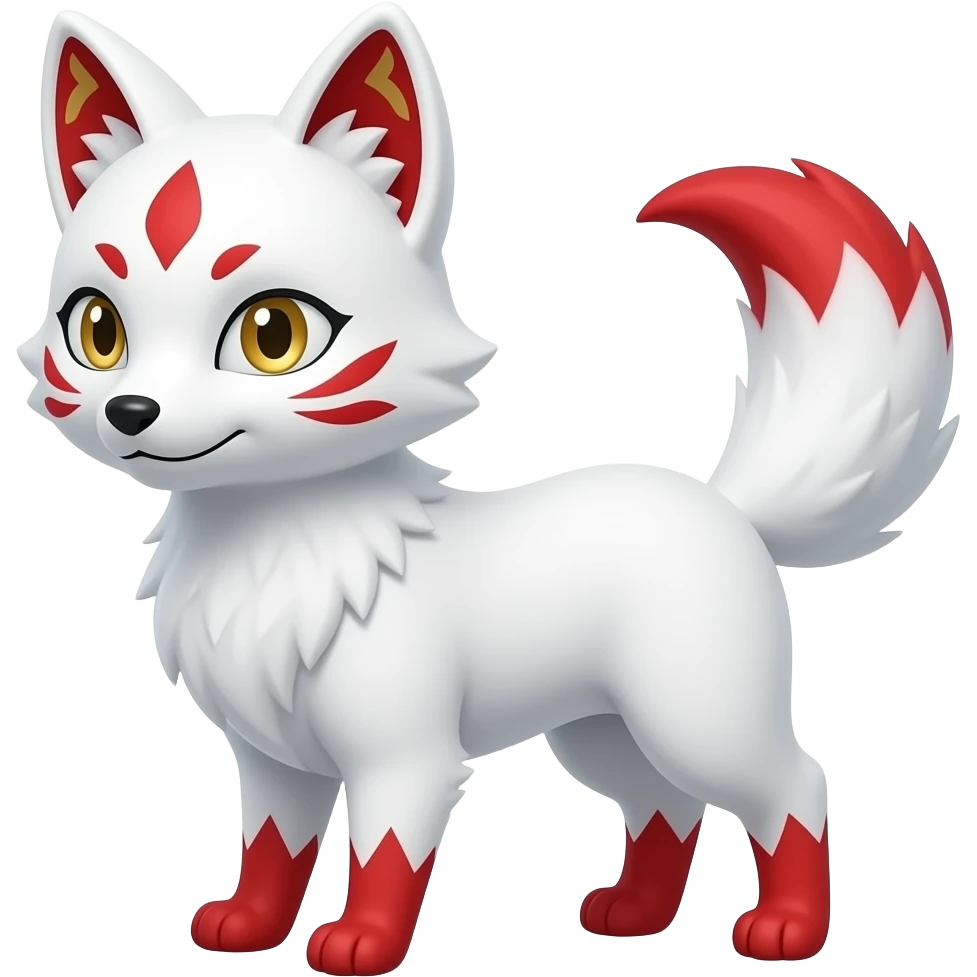 A pure white one-tailed kitsune (fox form,) with red accents, (two on each cheek, and a single one of its forehead,) red on the insides of its ears, (with gold markings inside of its ears,) pale golden eyes, no red on its legs or paws and a red tail tip. emoji