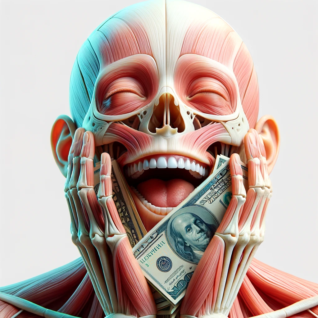 corpo umano anatomico sereno e felice con una montagna di banconote davanti al viso, espressione stupita, iperrealistica 4k, isolato su sfondo bianco emoji