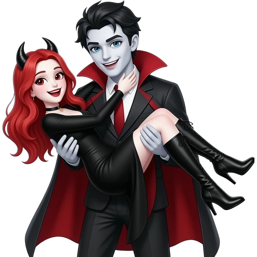 Vampiro femmina ADOLESCENTE con pelle bianca e capelli rossi indossa un vestito con le maniche lunghe nero, gli stivali lunghi neri con il tacco e sta sulla schiena con le gambe intorno al collo del suo fidanzato VAMPIRO con la pelle bianca e i capelli neri e sono felici emoji