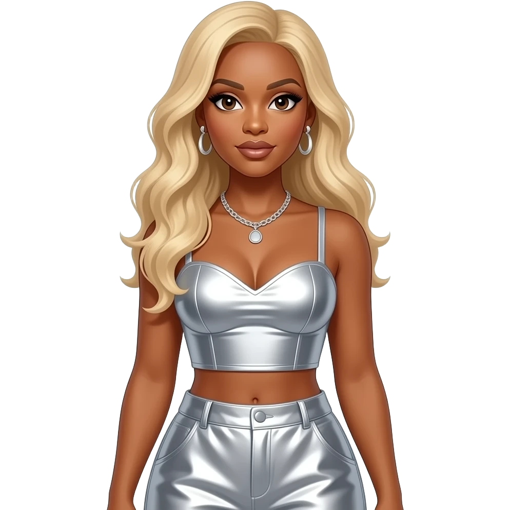 Mary J Blige with brown skin, brown eyes, long blonde hair, silver metallic sweetheart crop top, silver metallic baggy pants, necklace and earrings emoji
