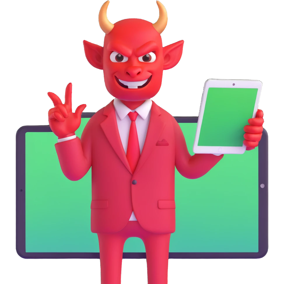 red devil in business suit with tablet selling digital courses emoji