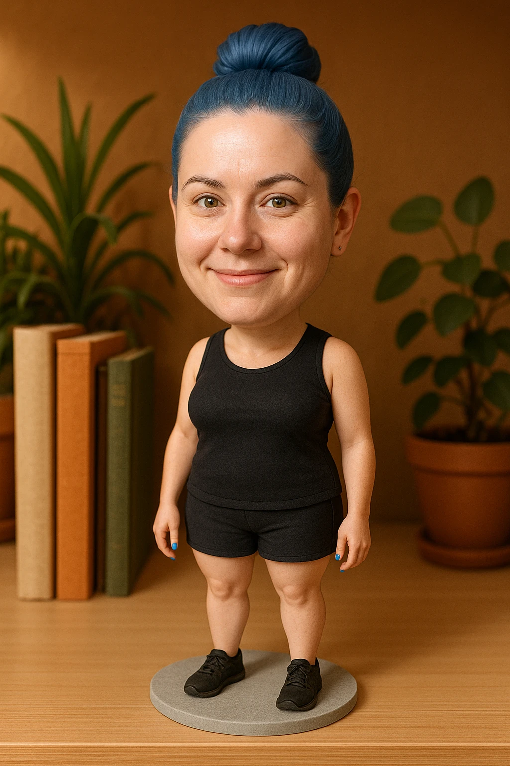 Woman with dark blue hair and blue fingernails standing on a sidewalk emoji