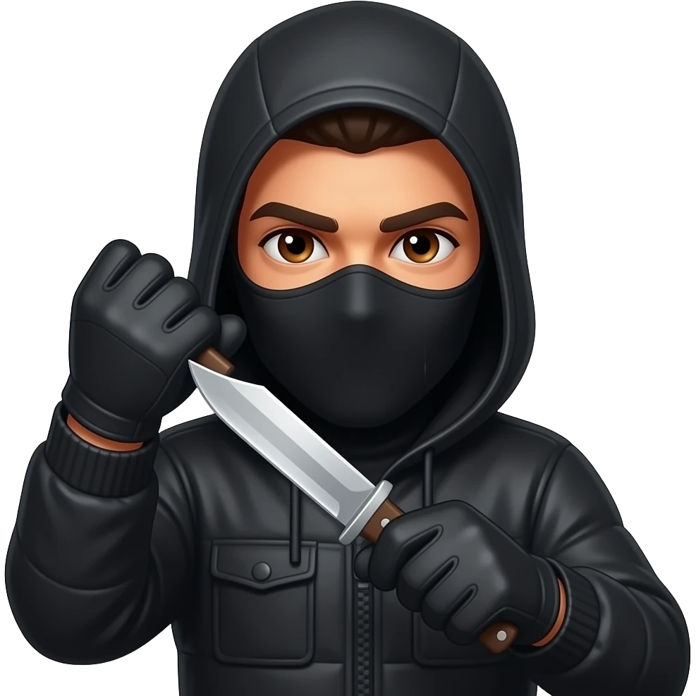 Spanish Man brown eyes wearing all black in balaclava hood and gloves with knife emoji