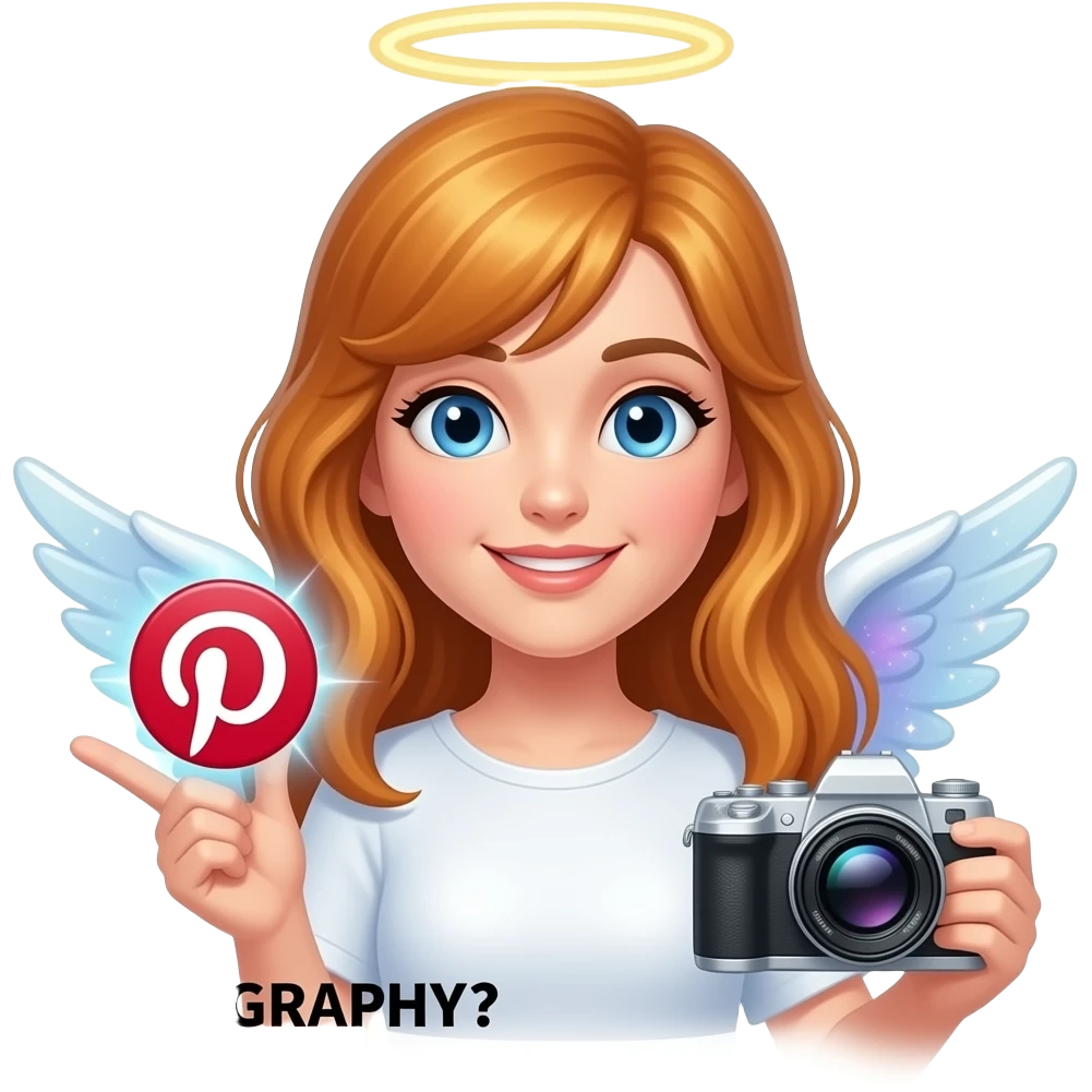 An ethereal blue eyes, glowing amber hair, angel, hand made of starlight holding a crystalline Pinterest logo on the right hand, a camera on the left hand, surprised, pointing at icon. A black text: 'PHOTOGRAPHY?' on the bellow left hand. Glowing nebula colors, isolated on white, bold 3D icon emoji