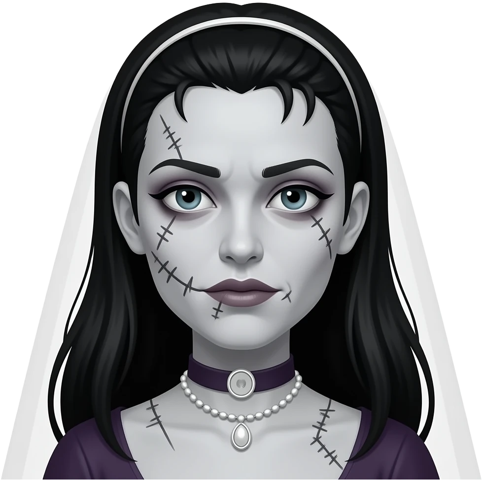 universal monster bride of frankenstein black hair white streaks gaunt regal face stitches female emoji