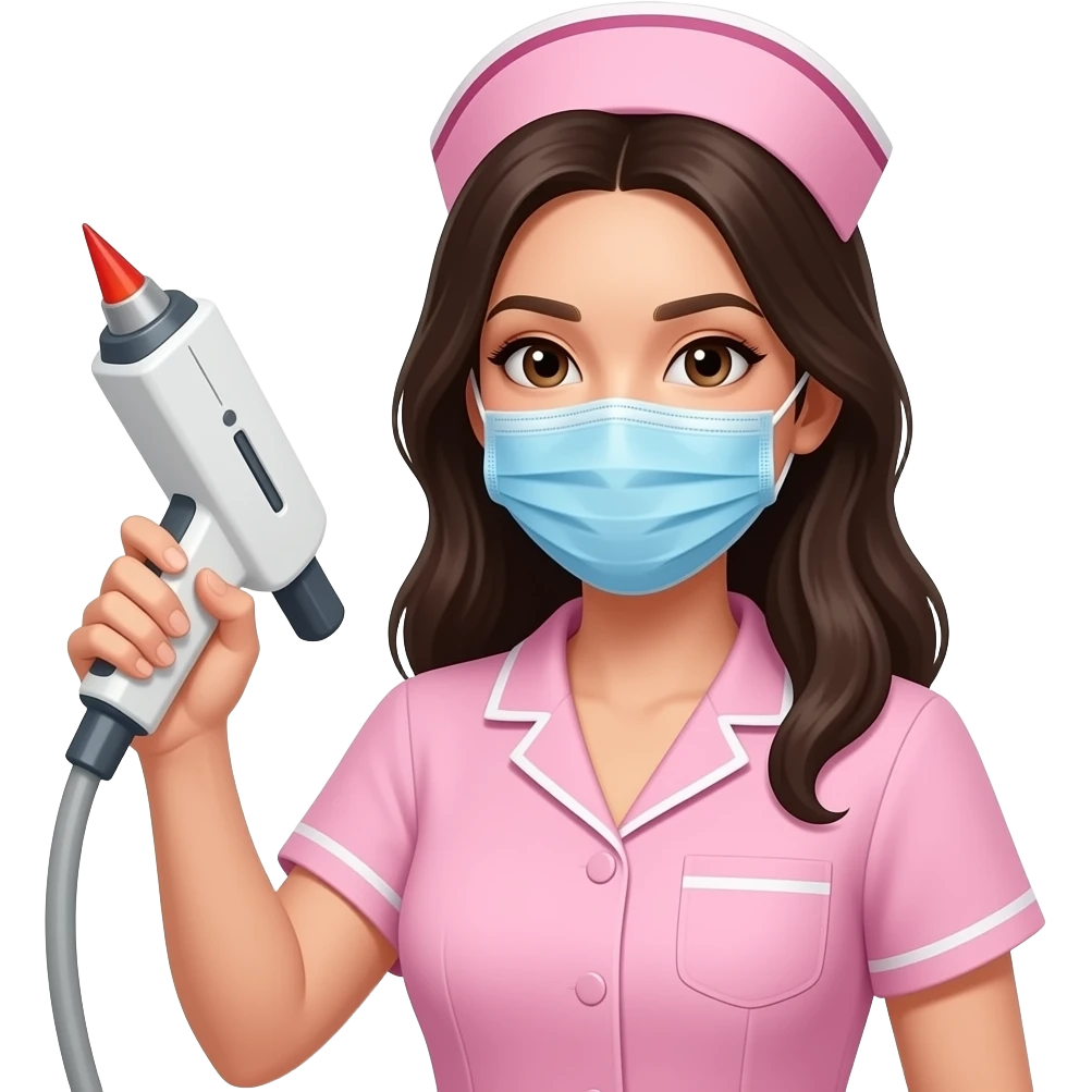 Mujer joven piel clara y cabello oscuro con uniforme de enfermera rosado sin implementos medicos con tapabocas rosado del torso hacia arriba con El láser nd yag en la mano. en pose como lista para empezar una remoción láser. sin gorro de enfermera, uniforme liso emoji