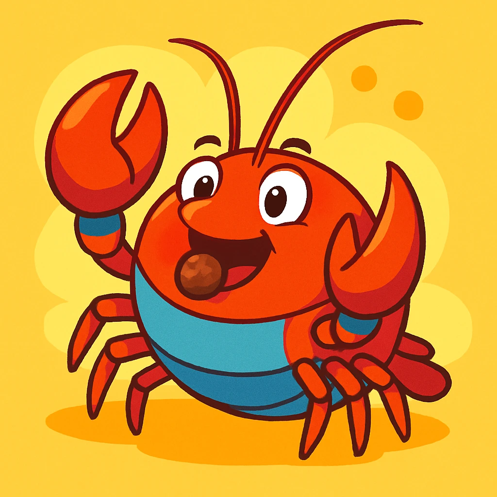 round crayfish eating, pellet visible, fun illustration, lively and colorful emoji