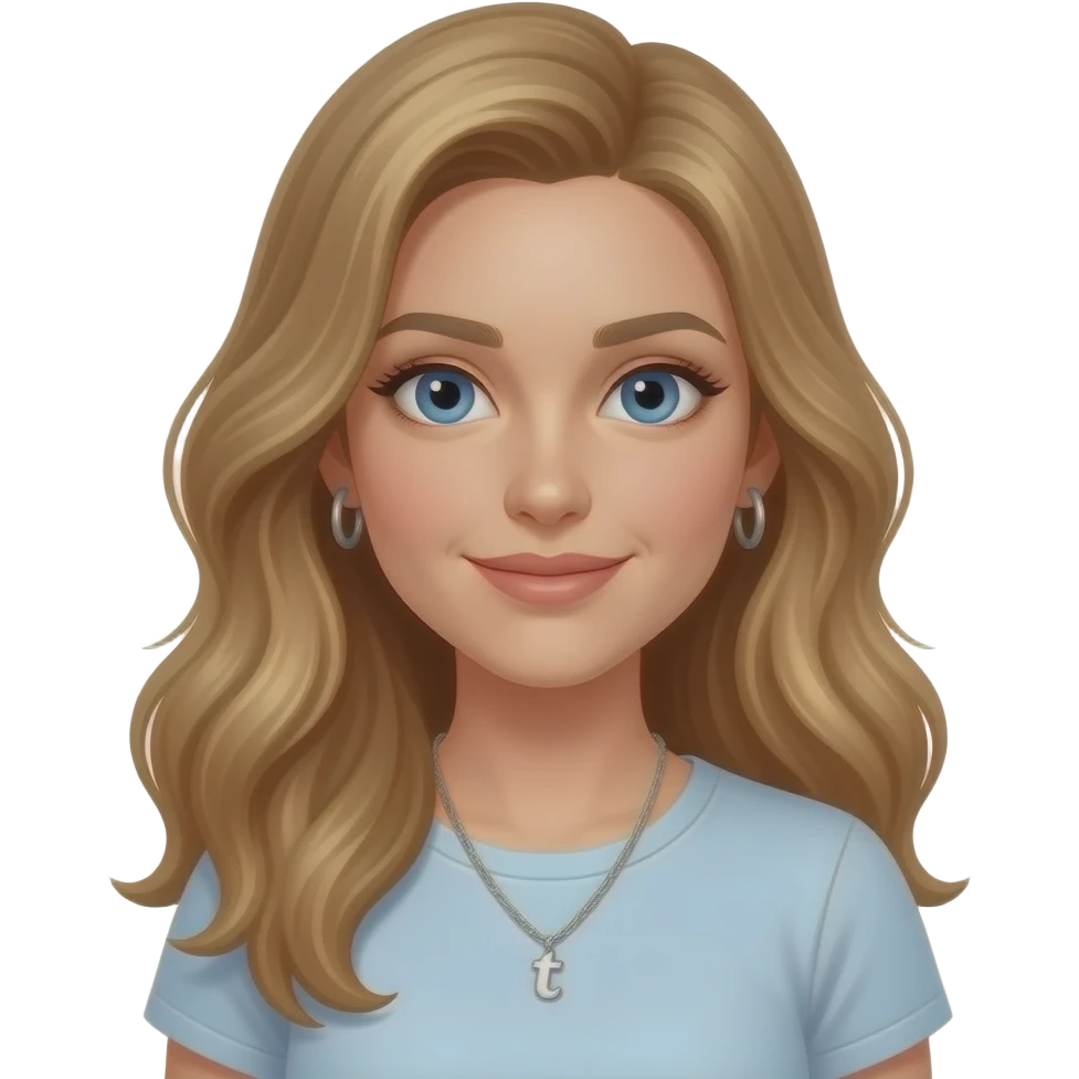 woman, blue eyes, late twenties, mousey blonde hair, long wavy hair, t shirt, silver necklacke, small silver hoop earrings emoji