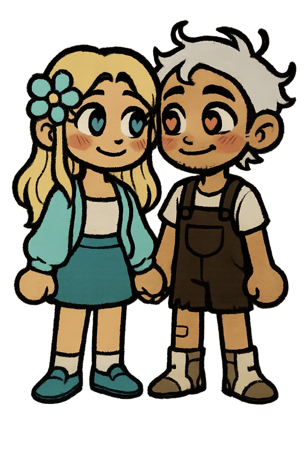 Create a couple image of these two cartoon characters standing side by side, both with loving eyes and gentle smiles, showing affection, matching their style, transparent background. emoji