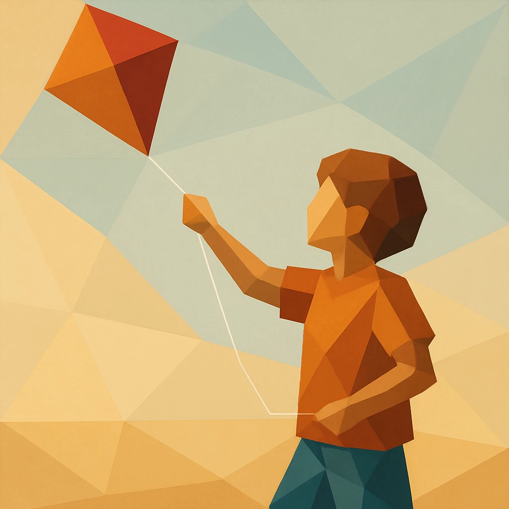 Child flying a kite, arm and string abstracted in linear tension.

 emoji