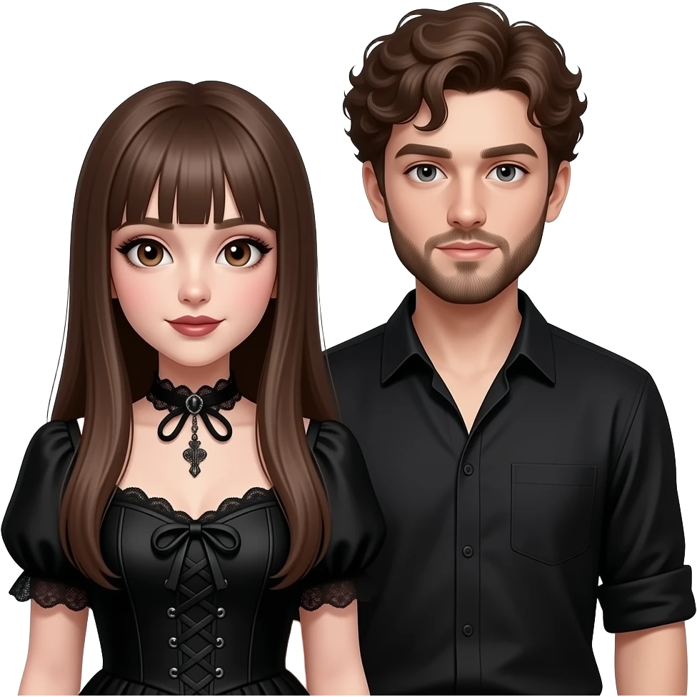 realistic pretty pale skin long straight brown hair girl brown eyes long face wearing gothic dress and gothic makeup HD and her boyfriend short brown curly hair and beard emoji