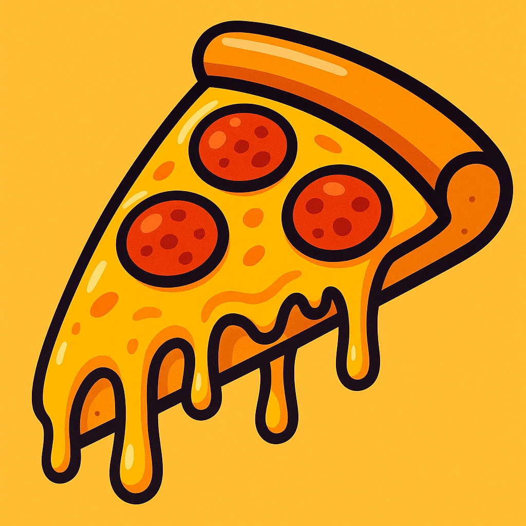 slice of pizza, cartoon style, exaggerated cheese pull, bright colors, fun and playful emoji