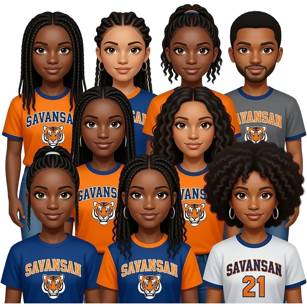 Group of hbcu brown skin wearing orange and blue Savannah state tigers student braids corn rolls dreads curky hair Afro emojis like 10 emoji