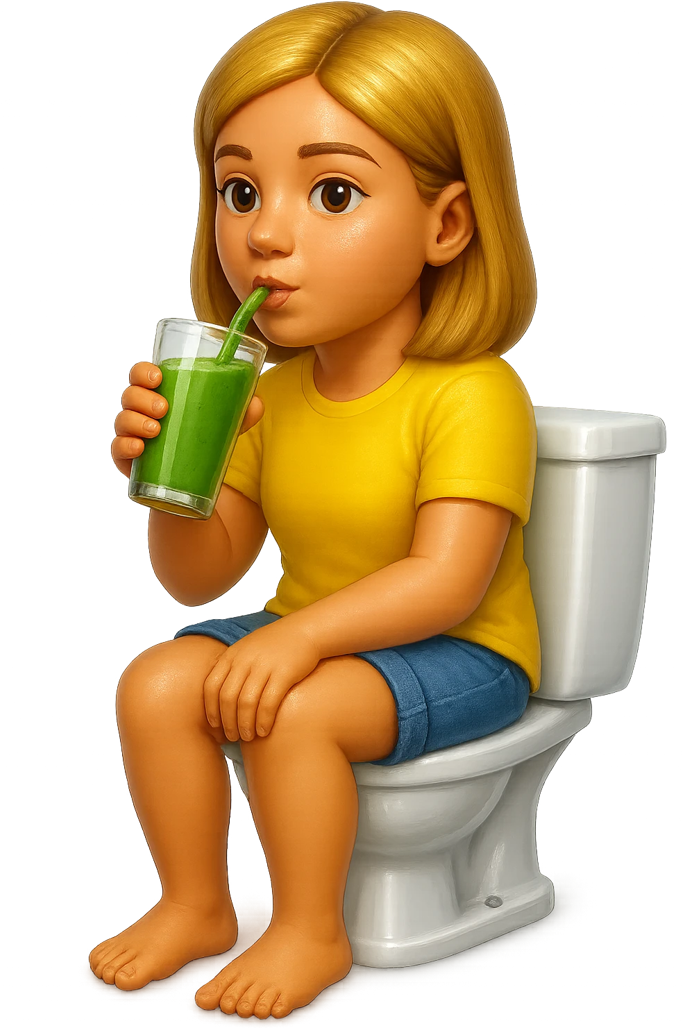 emoji stile iphone di una donna seduta sul wc che beve uno smoothies verde, iperrealistico 4k emoji