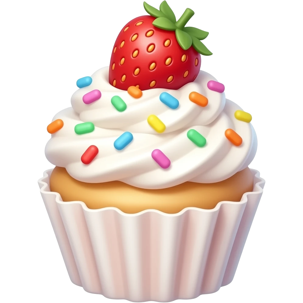 A super cute cupcake with fluffy white whipped cream, rainbow sprinkles, and a strawberry on top, kawaii style, soft pastel colors, round shapes, smooth texture, emoji design, minimal background emoji