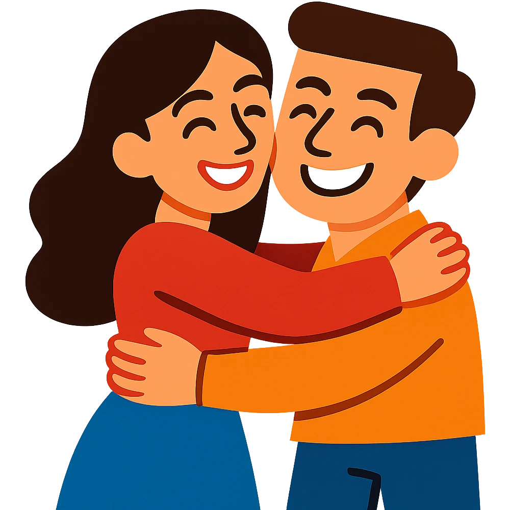 a beautiful brunette woman hugging a man, stylized cartoon, bright colors, joyful expressions, no background emoji