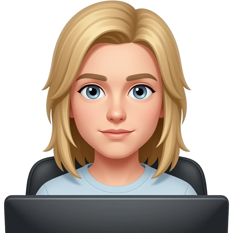 young woproject timelineman with long straight blonde hair and grey blue slate eyes with a computer emoji